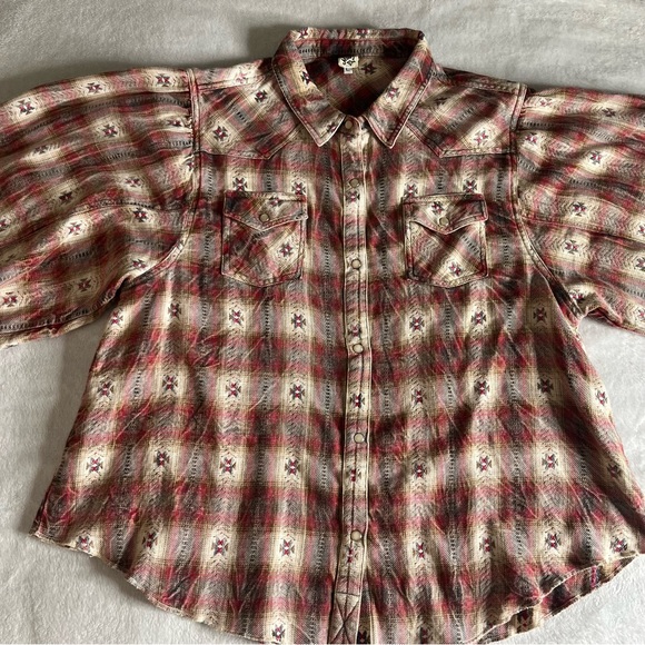 Ivy Jane Brown Burgundy Plaid Southwestern Balloon Sleeve Pearl Snap Shirt Sz L - Picture 6 of 12